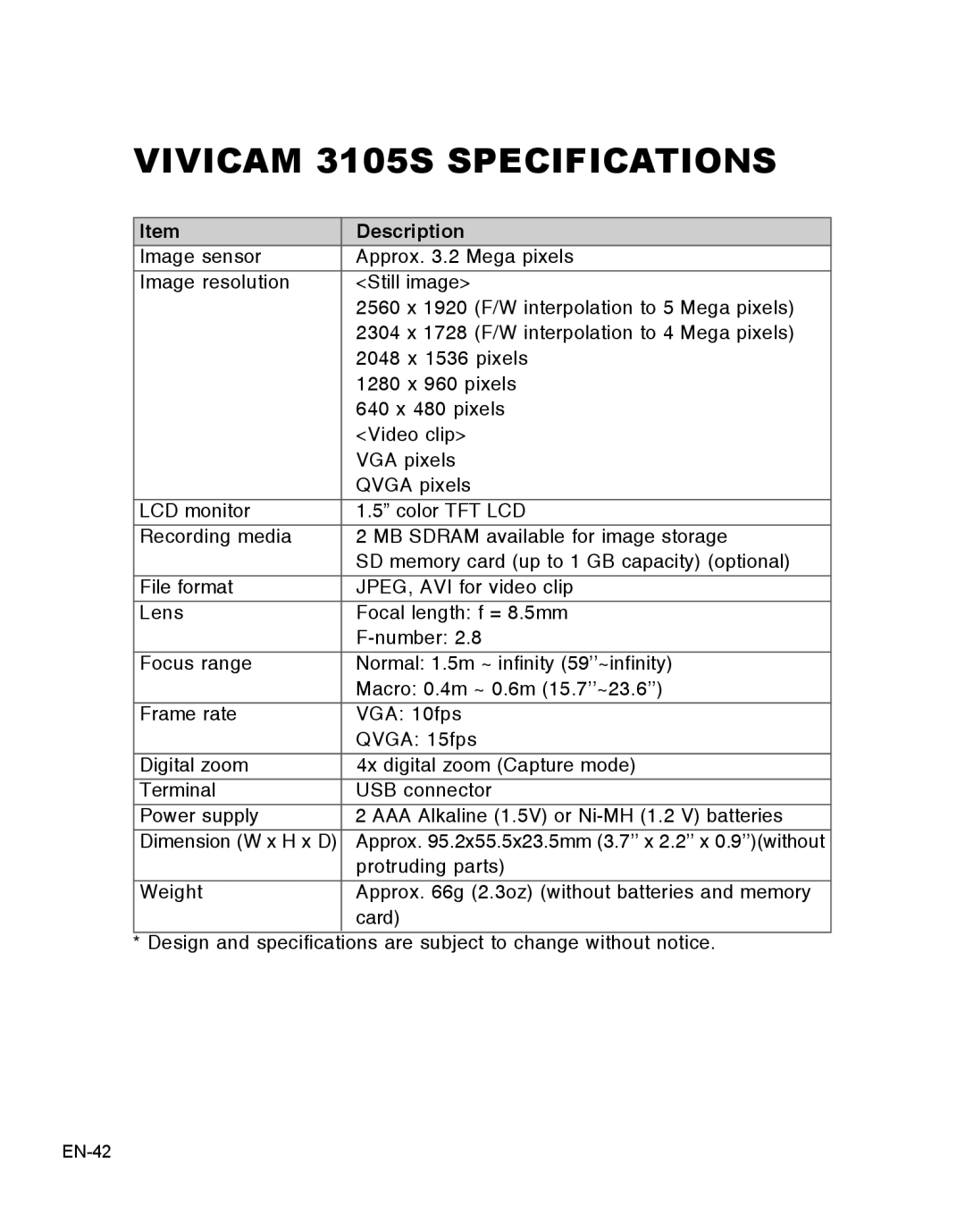 Vivitar 3105s user manual Vivicam 3105S Specifications, Description 