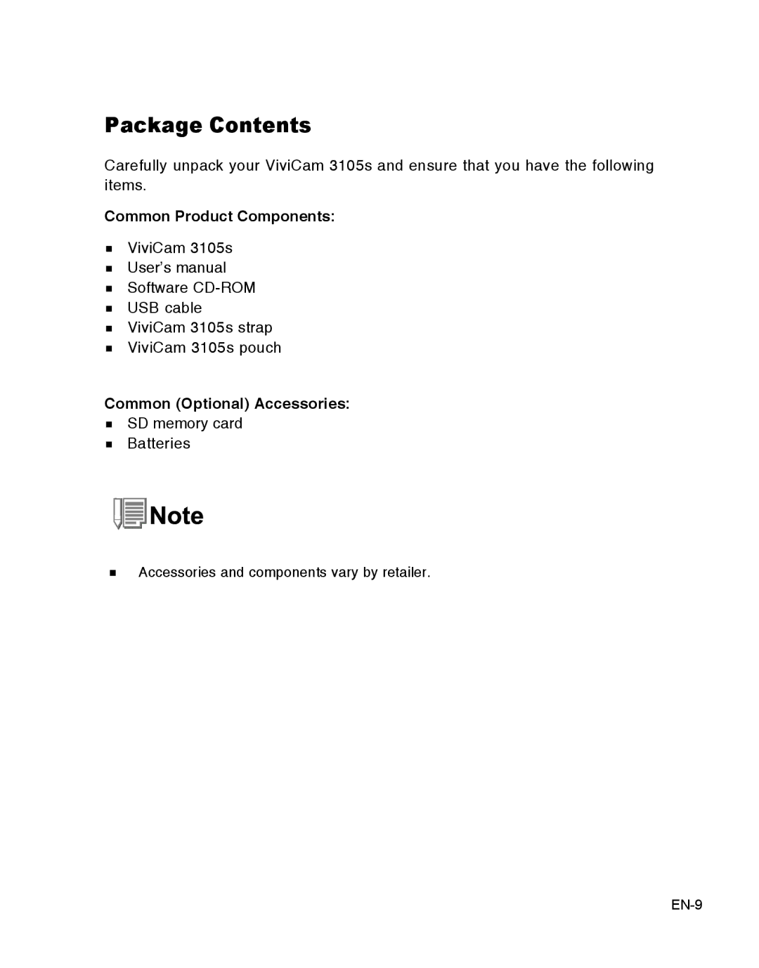 Vivitar 3105s user manual Package Contents 