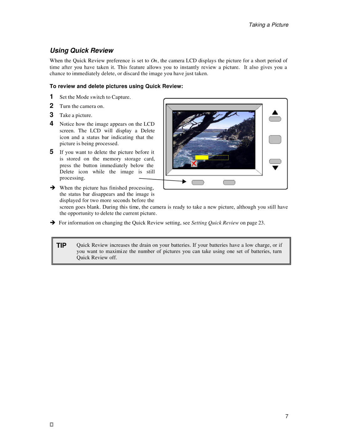 Vivitar 3200 user manual Using Quick Review, To review and delete pictures using Quick Review 