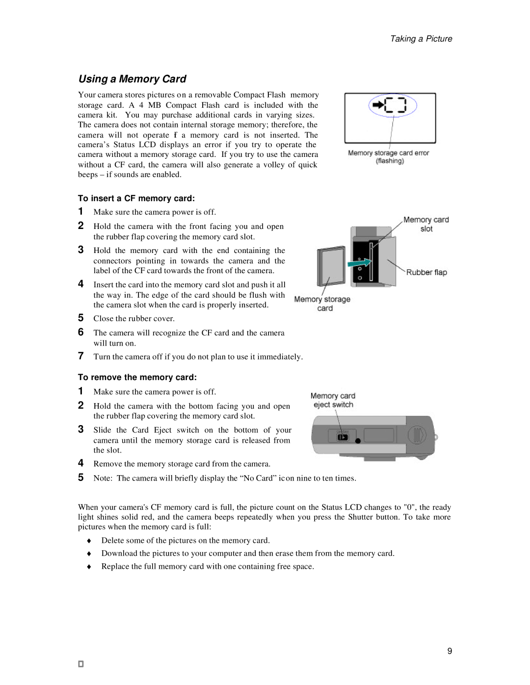 Vivitar 3200 user manual Using a Memory Card, To insert a CF memory card, To remove the memory card 