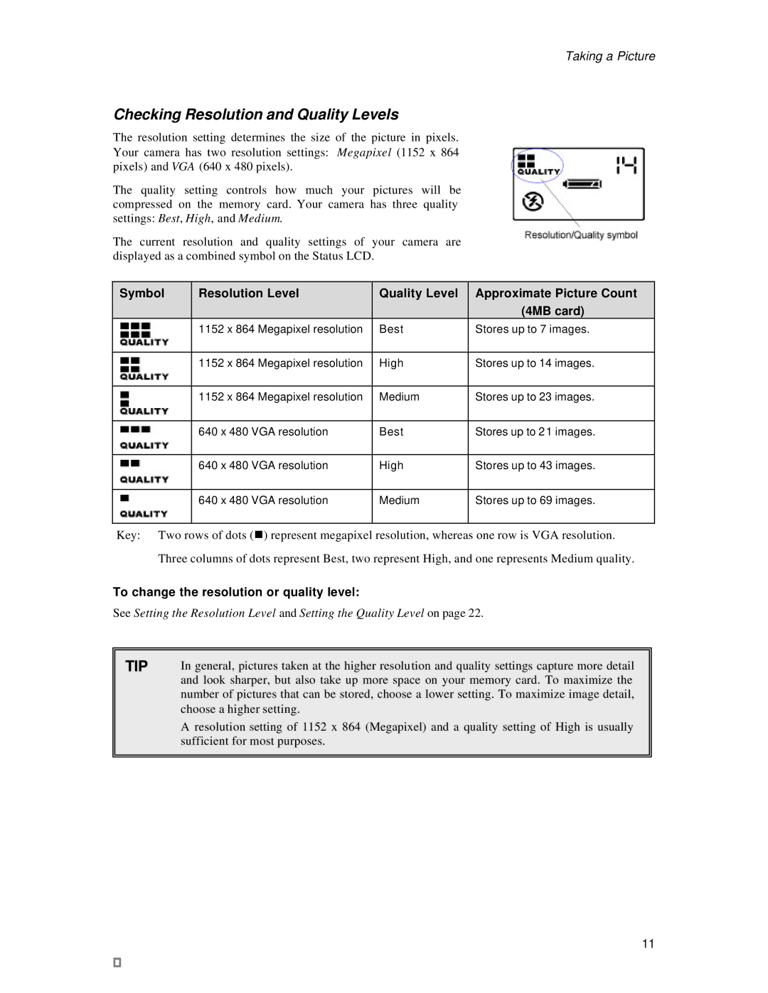 Vivitar 3200 user manual Checking Resolution and Quality Levels, To change the resolution or quality level 