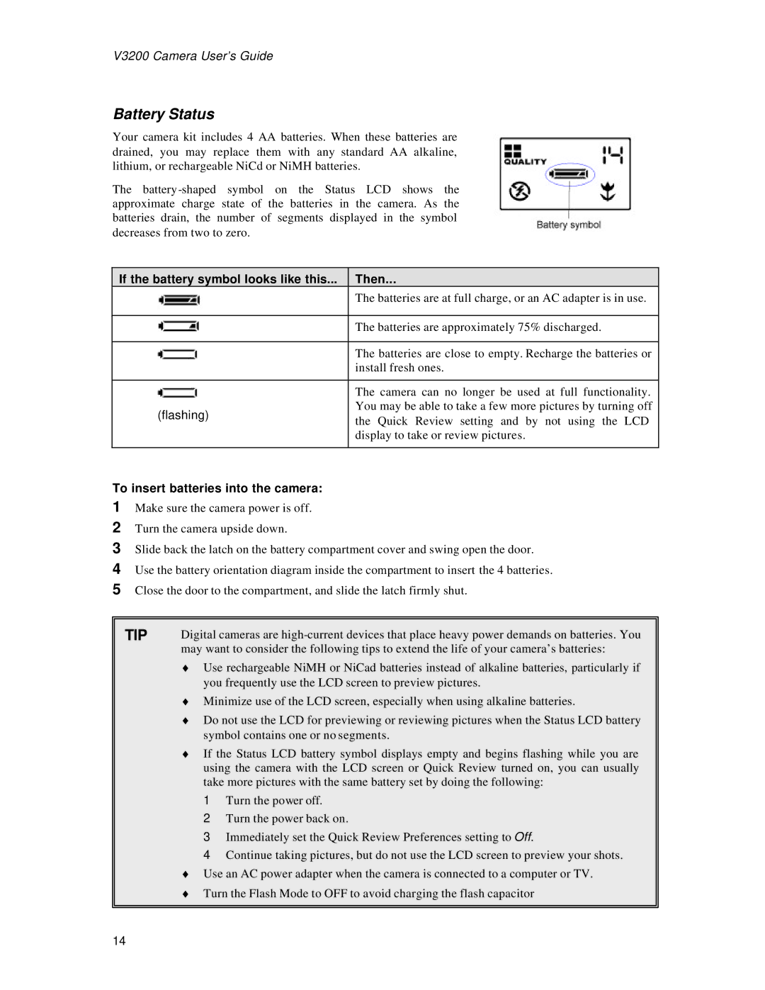 Vivitar 3200 user manual Battery Status, If the battery symbol looks like this Then, To insert batteries into the camera 