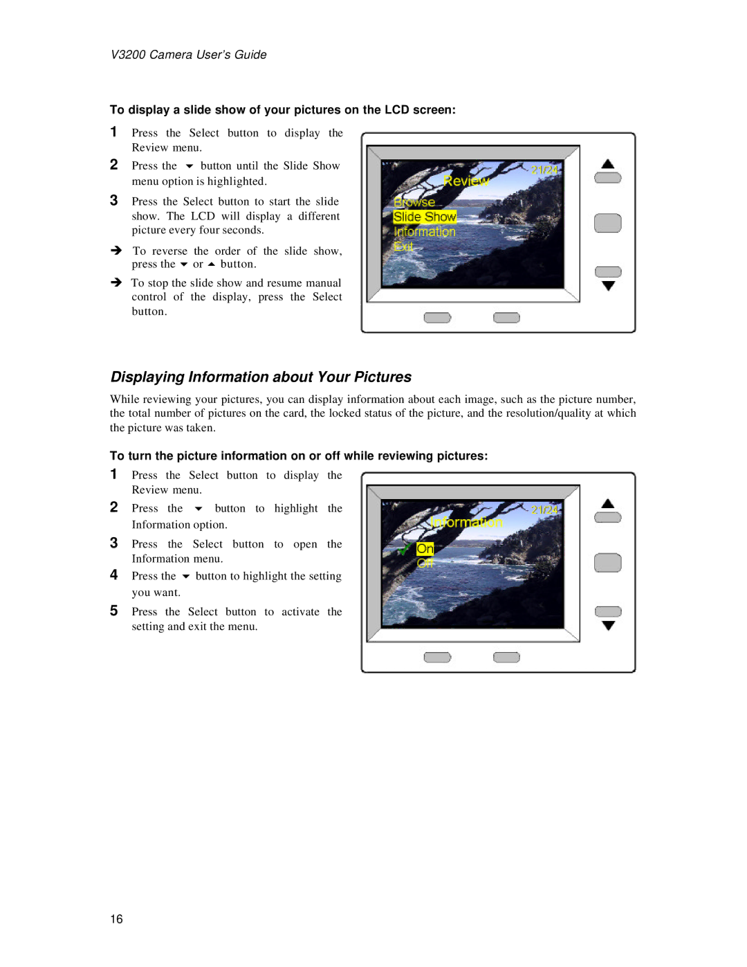 Vivitar 3200 Displaying Information about Your Pictures, To display a slide show of your pictures on the LCD screen 