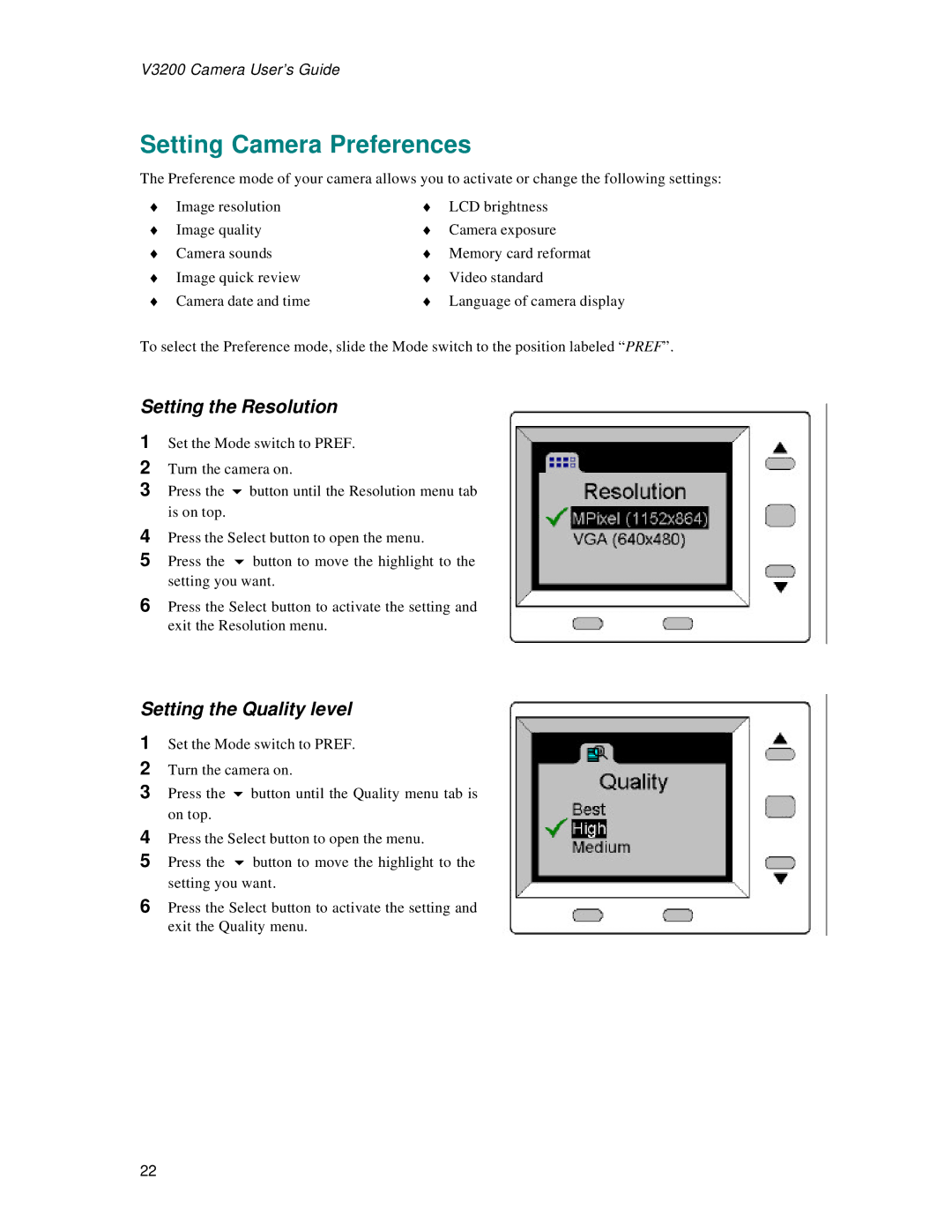 Vivitar 3200 user manual Setting Camera Preferences, Setting the Resolution, Setting the Quality level 