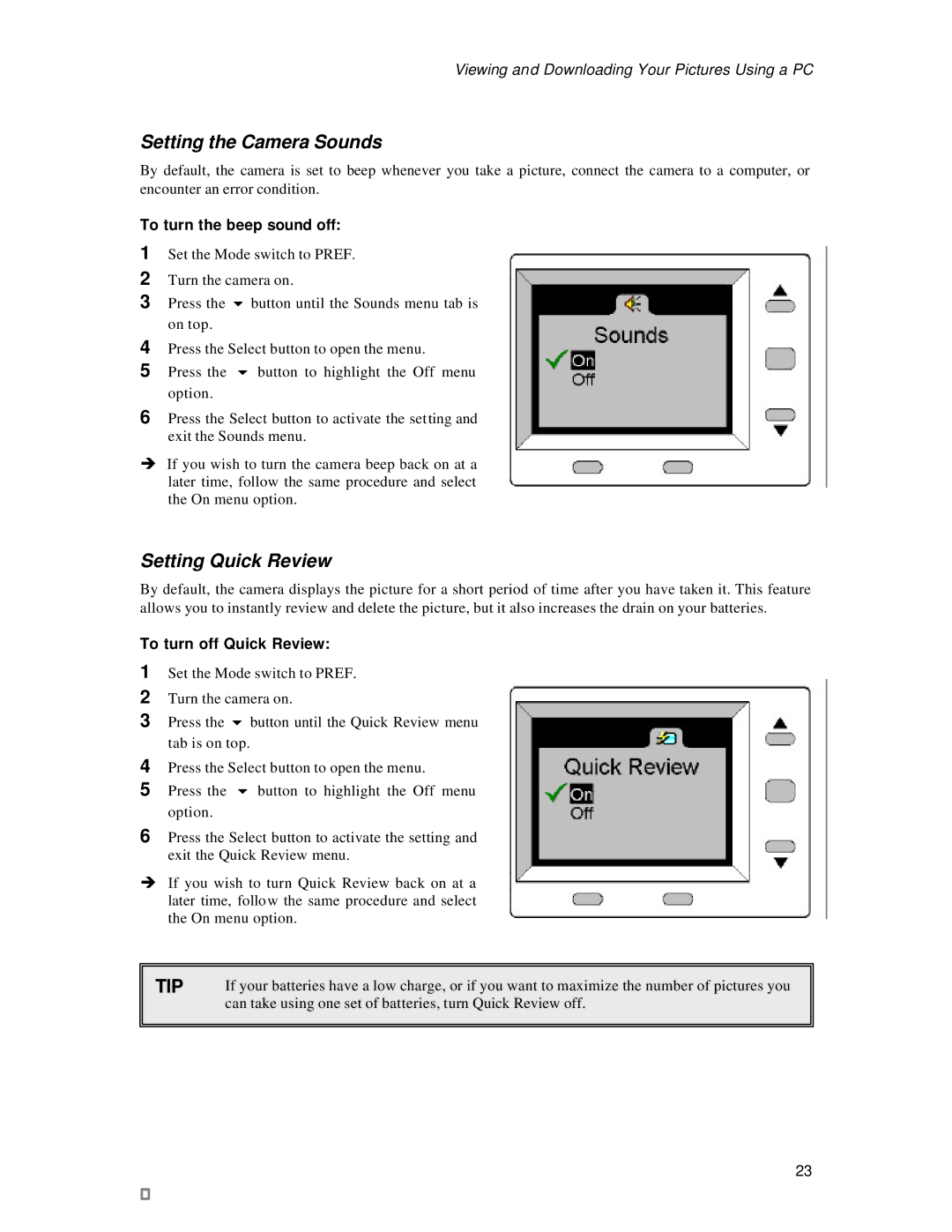Vivitar 3200 Setting the Camera Sounds, Setting Quick Review, To turn the beep sound off, To turn off Quick Review 