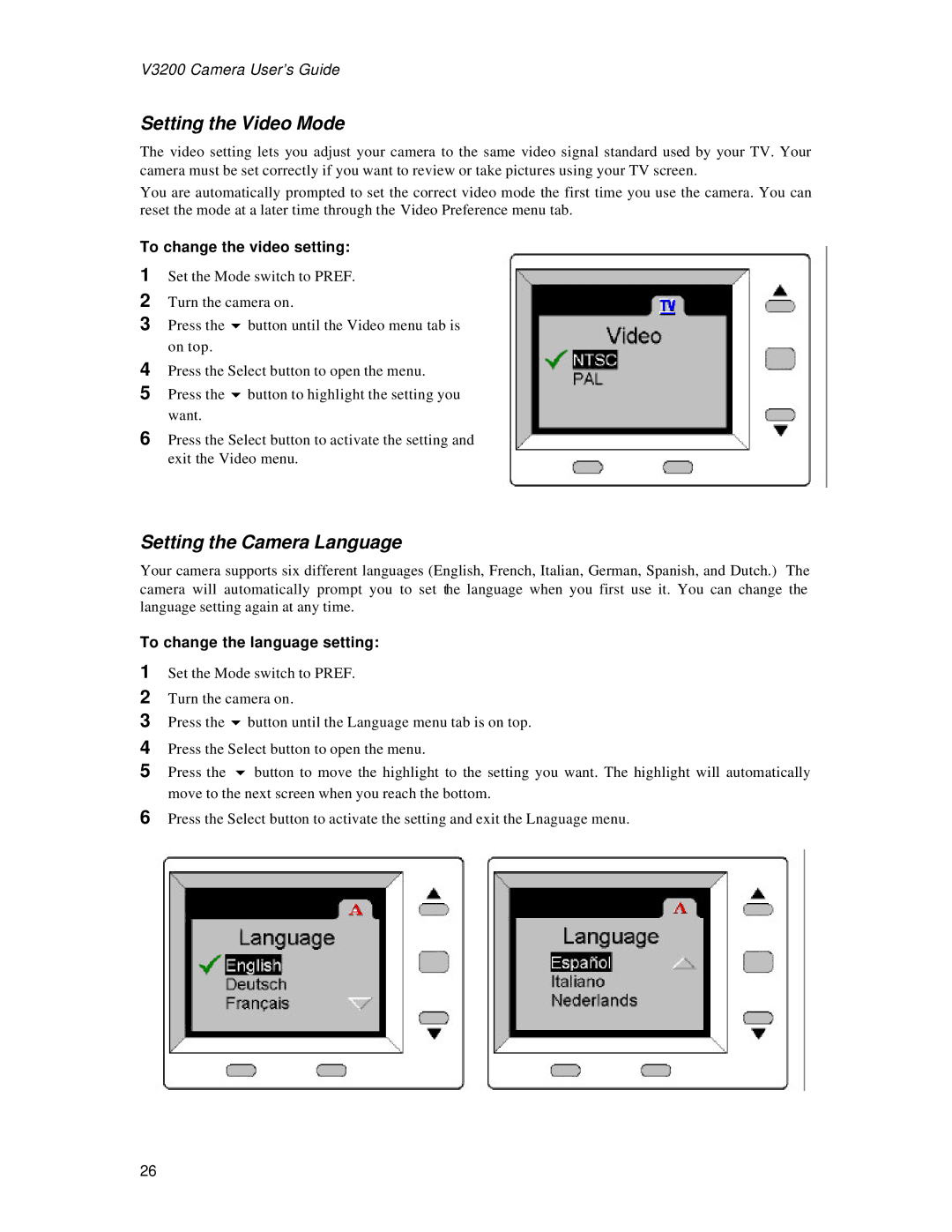 Vivitar 3200 user manual Setting the Video Mode, Setting the Camera Language, To change the video setting 