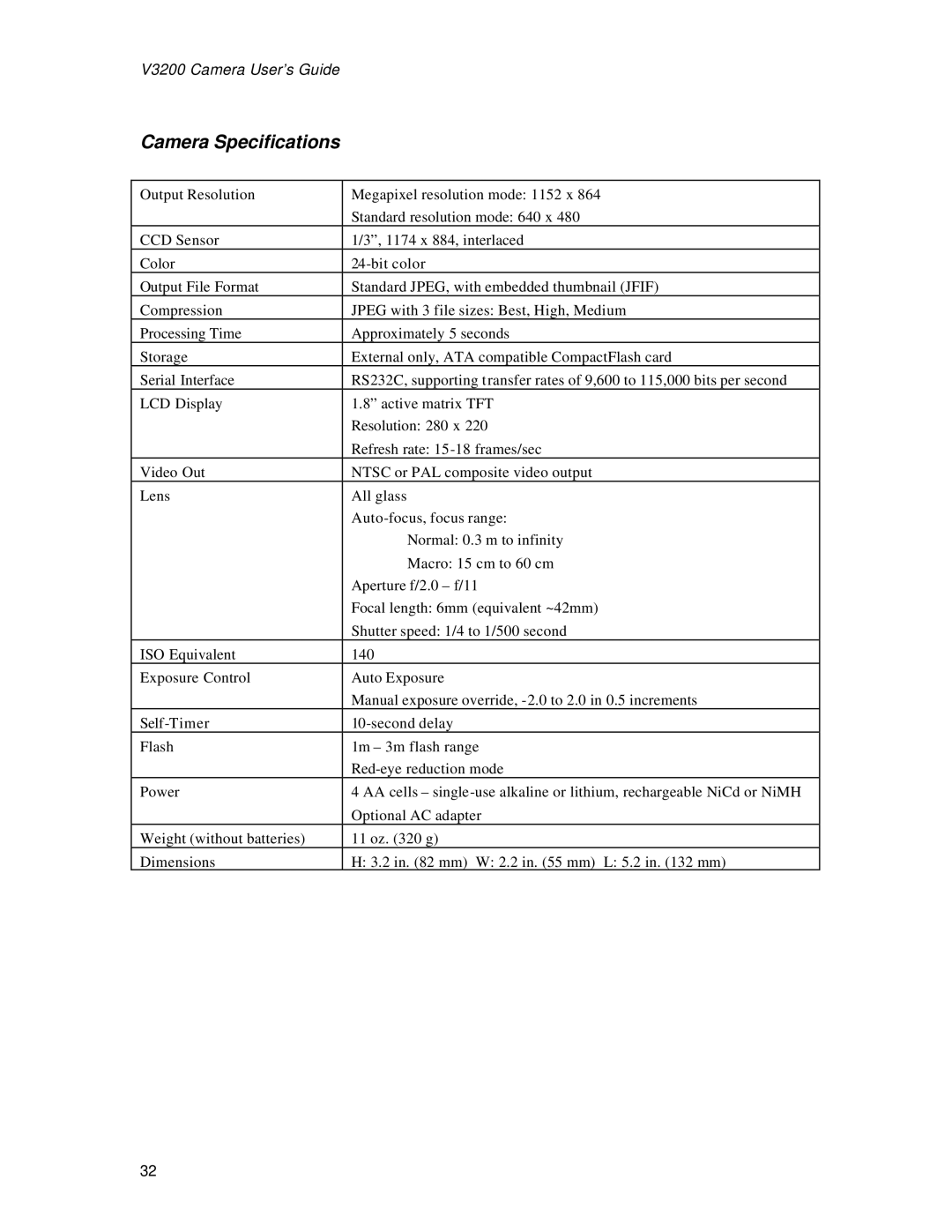 Vivitar 3200 user manual Camera Specifications 