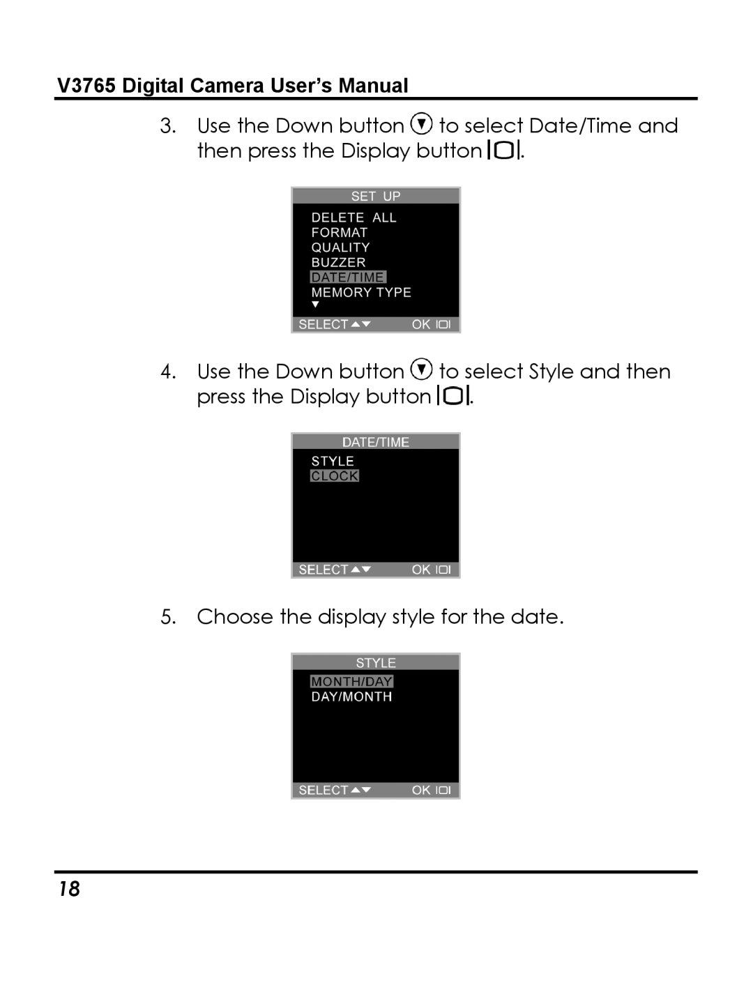 Vivitar 3765 instruction manual Use the Down button press the Display button 