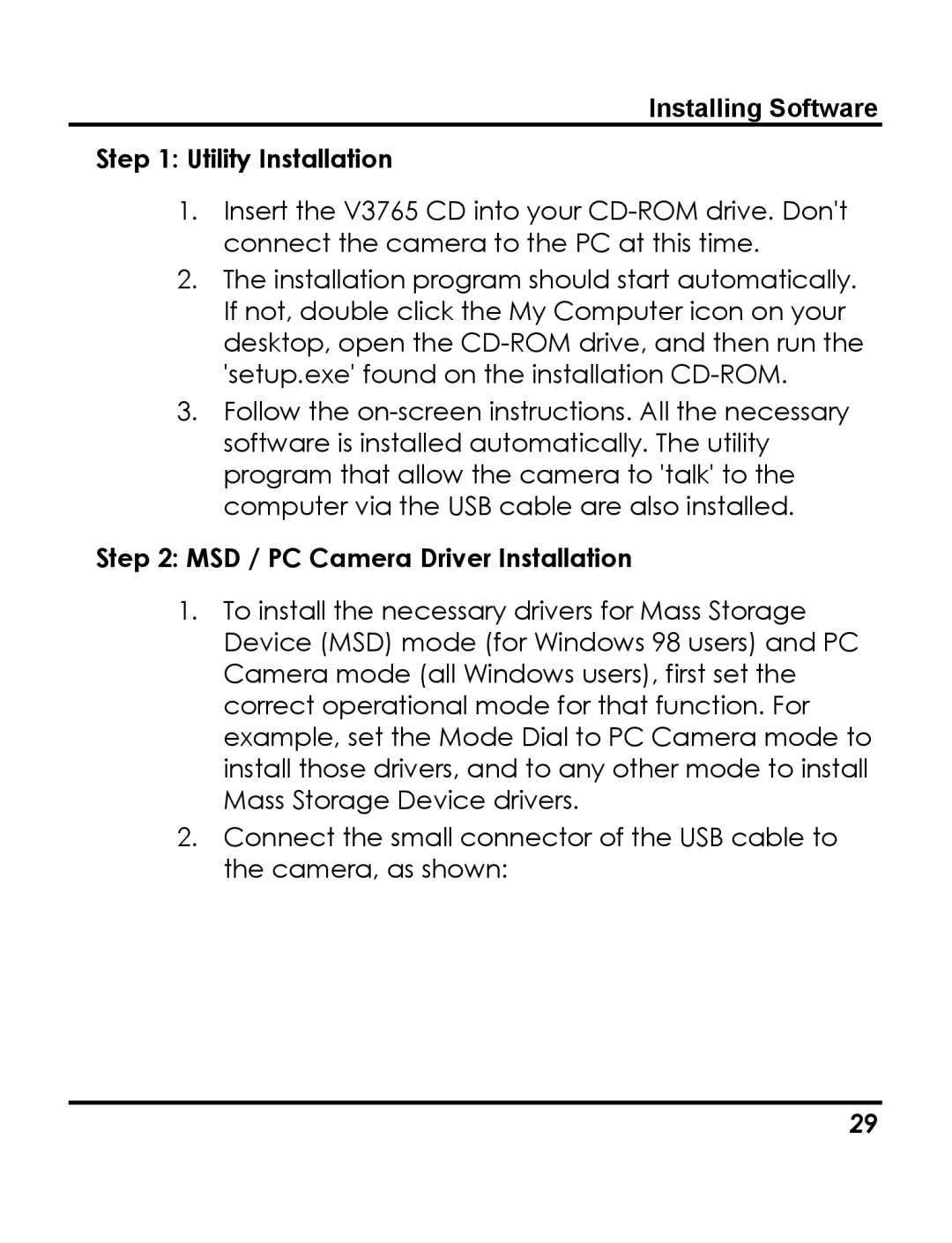 Vivitar 3765 instruction manual Utility Installation, MSD / PC Camera Driver Installation 