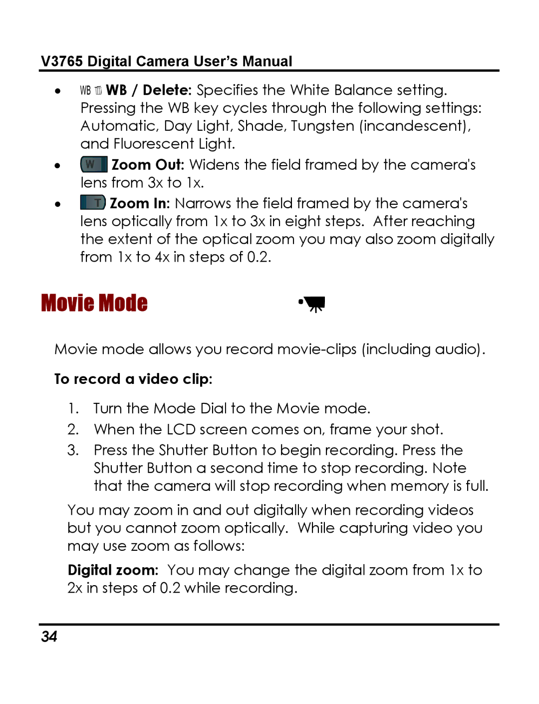 Vivitar 3765 instruction manual Movie Mode, To record a video clip 