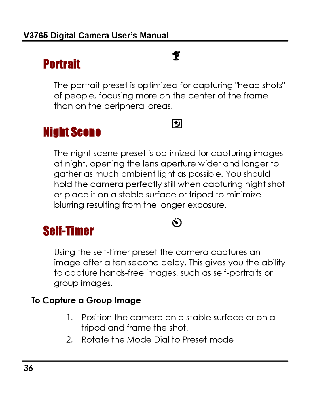 Vivitar 3765 instruction manual Portrait, Night Scene, Self-Timer, To Capture a Group Image 