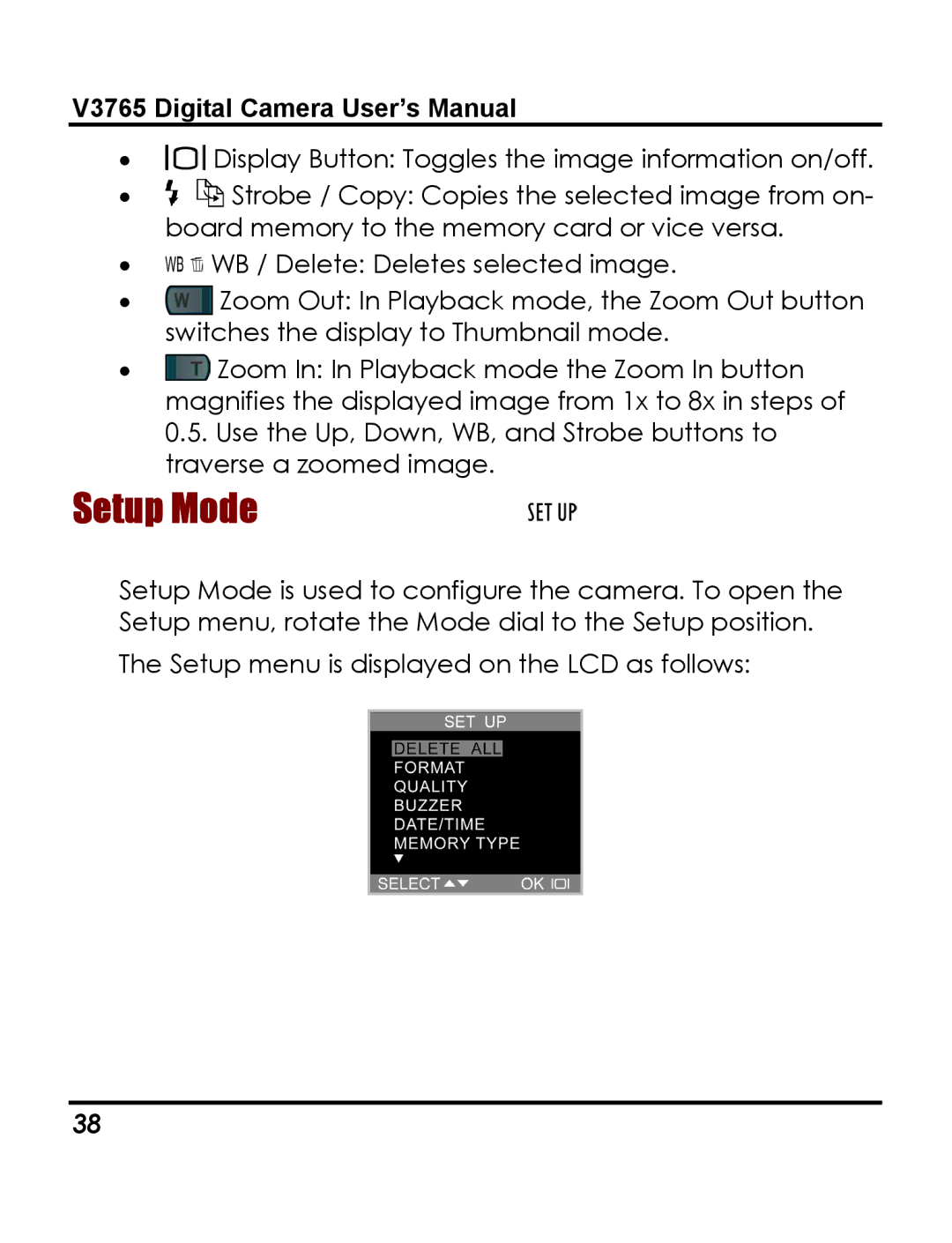 Vivitar 3765 instruction manual Setup Mode 