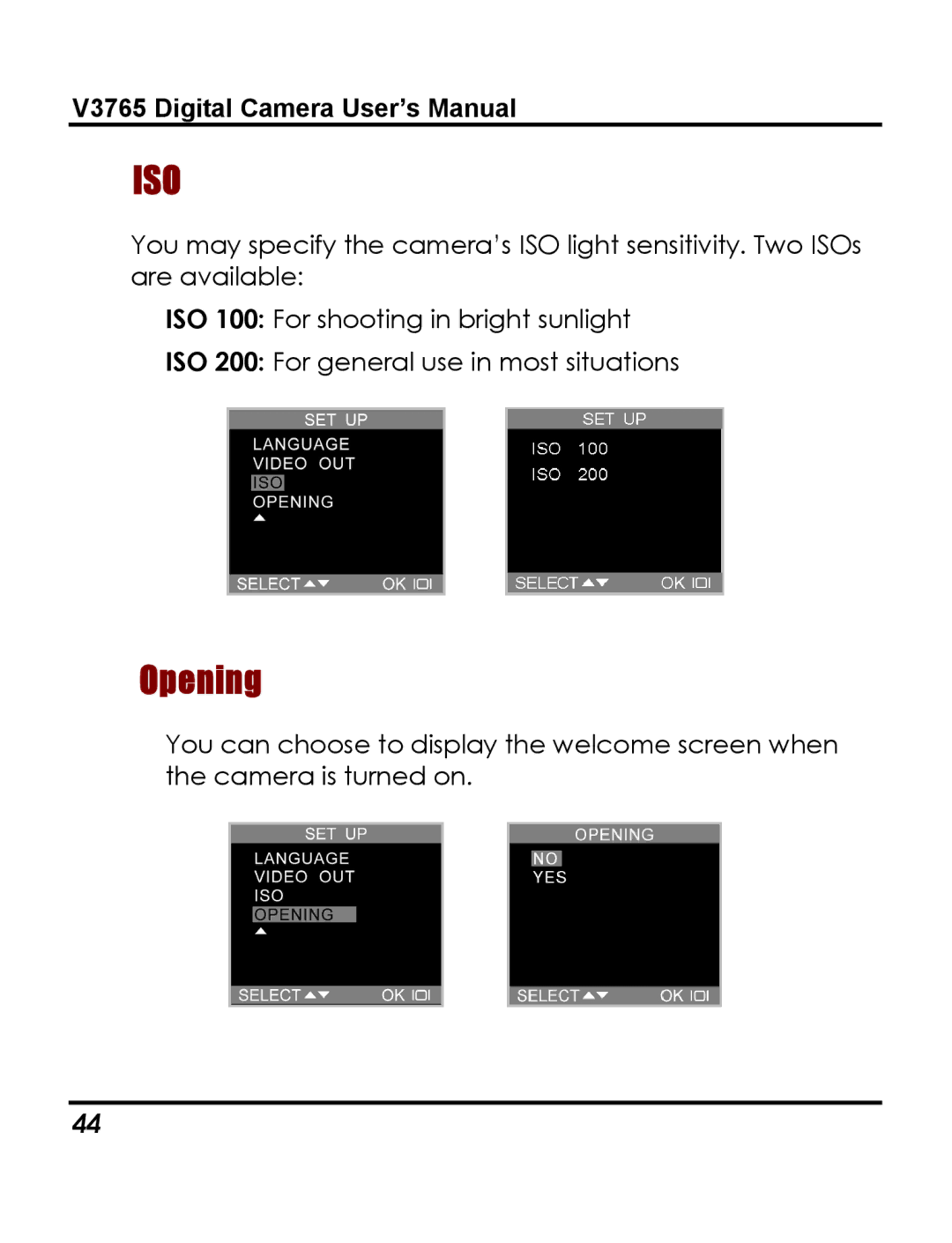 Vivitar 3765 instruction manual Iso, Opening 