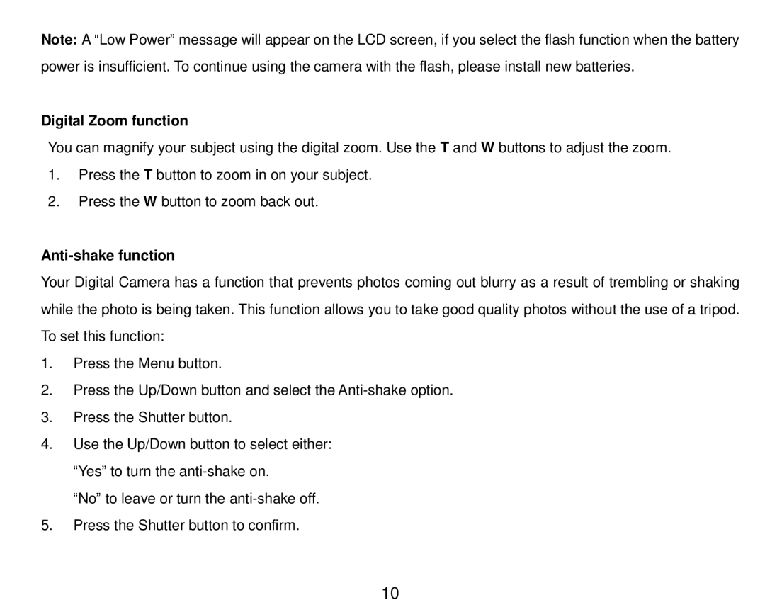 Vivitar 5018 owner manual Digital Zoom function, Anti-shake function 