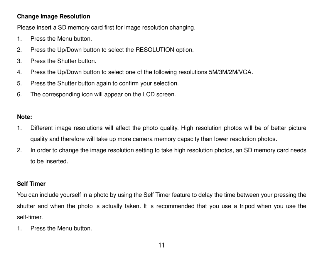 Vivitar 5018 owner manual Change Image Resolution, Self Timer 