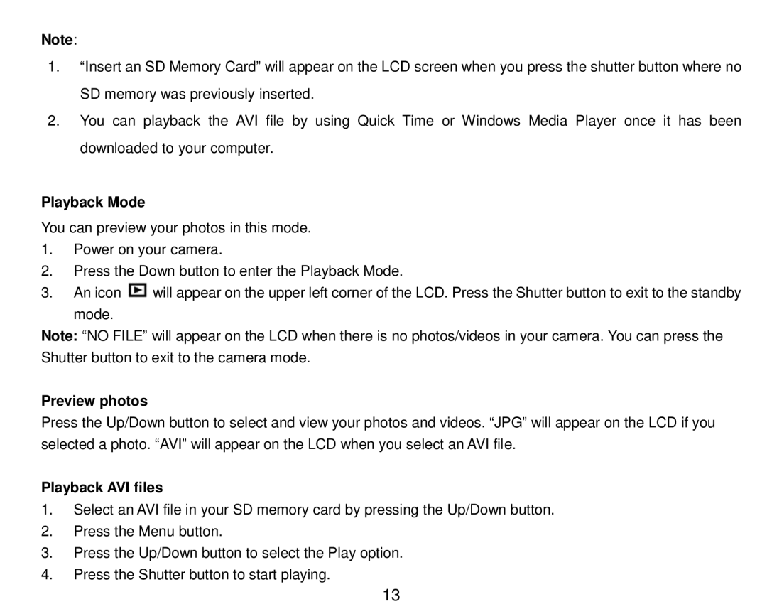 Vivitar 5018 owner manual Playback Mode, Preview photos, Playback AVI files 