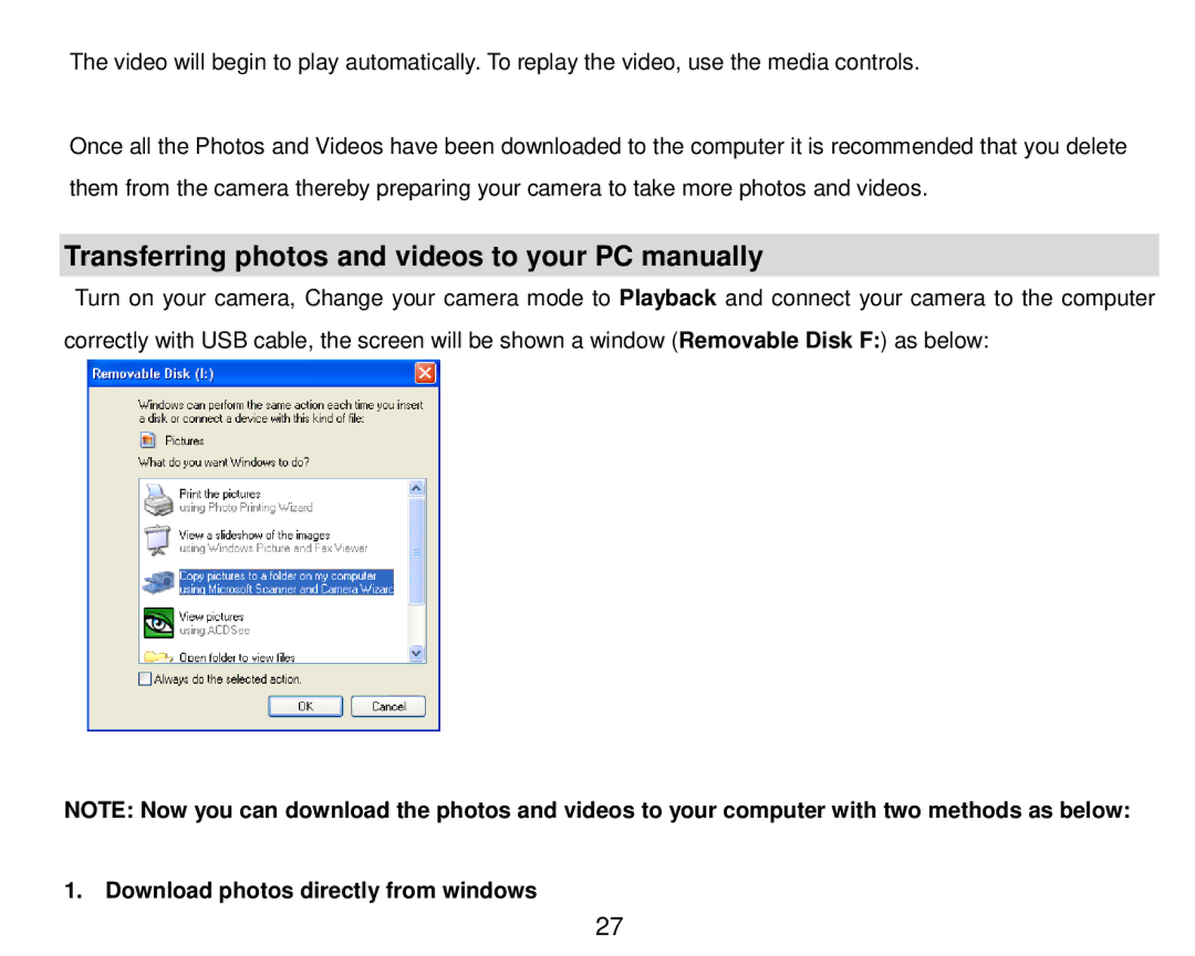 Vivitar 5018 owner manual Transferring photos and videos to your PC manually, Download photos directly from windows 
