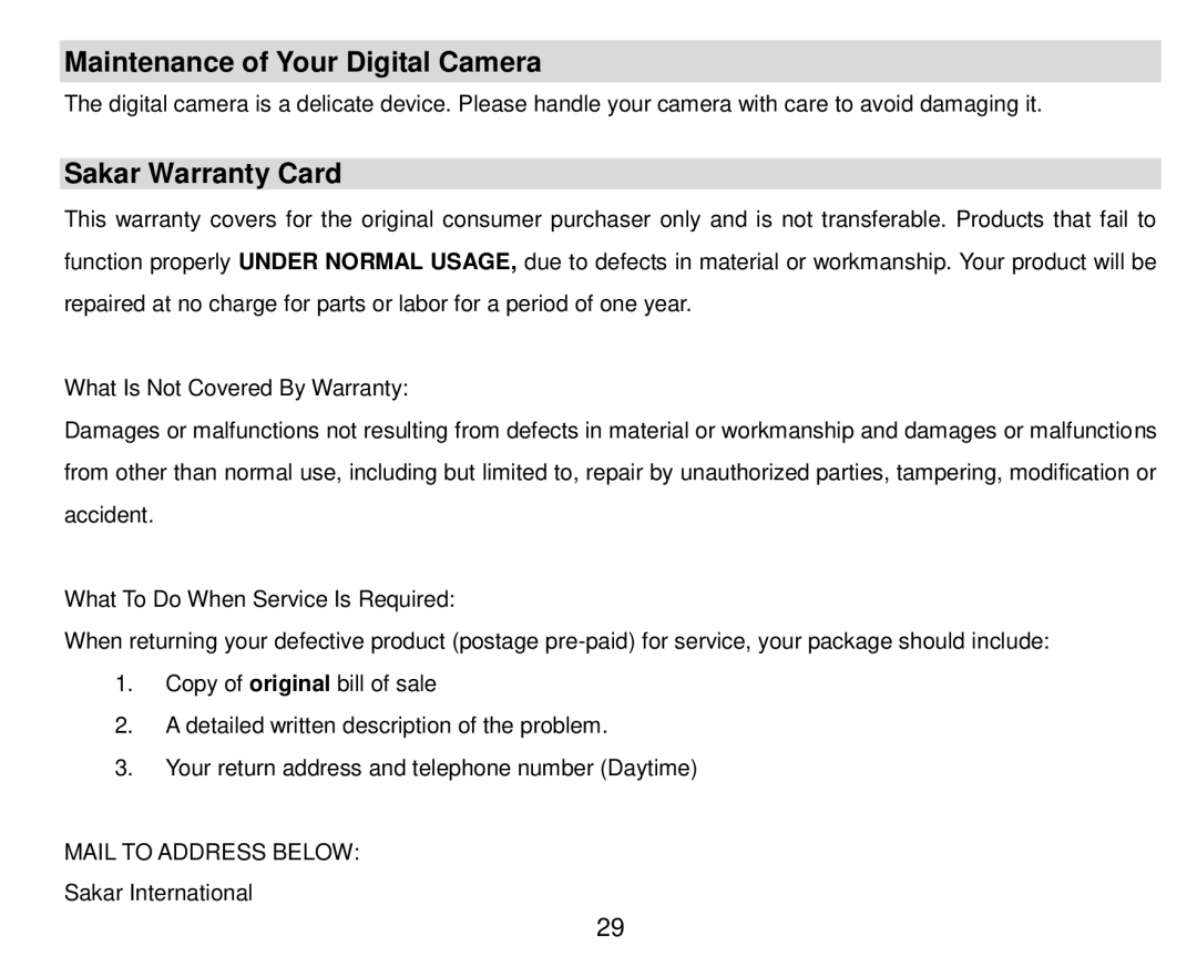 Vivitar 5018 owner manual Maintenance of Your Digital Camera, Sakar Warranty Card 