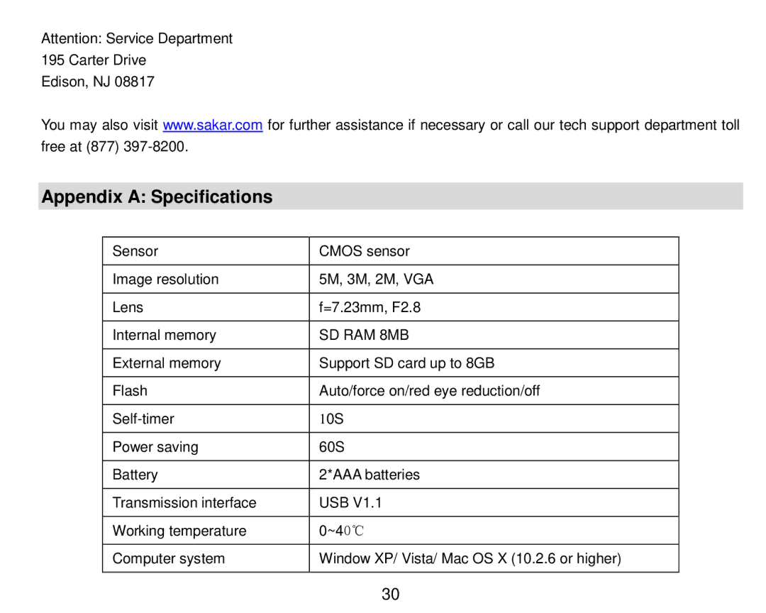 Vivitar 5018 owner manual Appendix a Specifications, SD RAM 8MB 