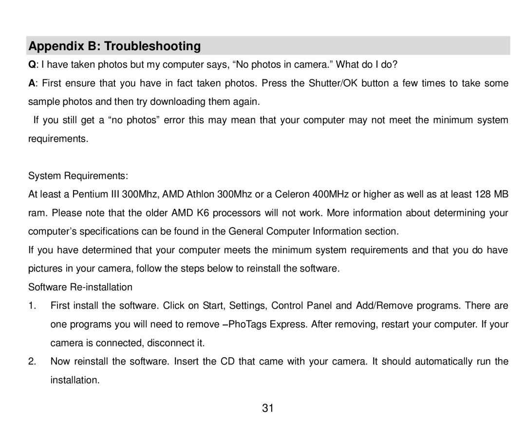 Vivitar 5018 owner manual Appendix B Troubleshooting 