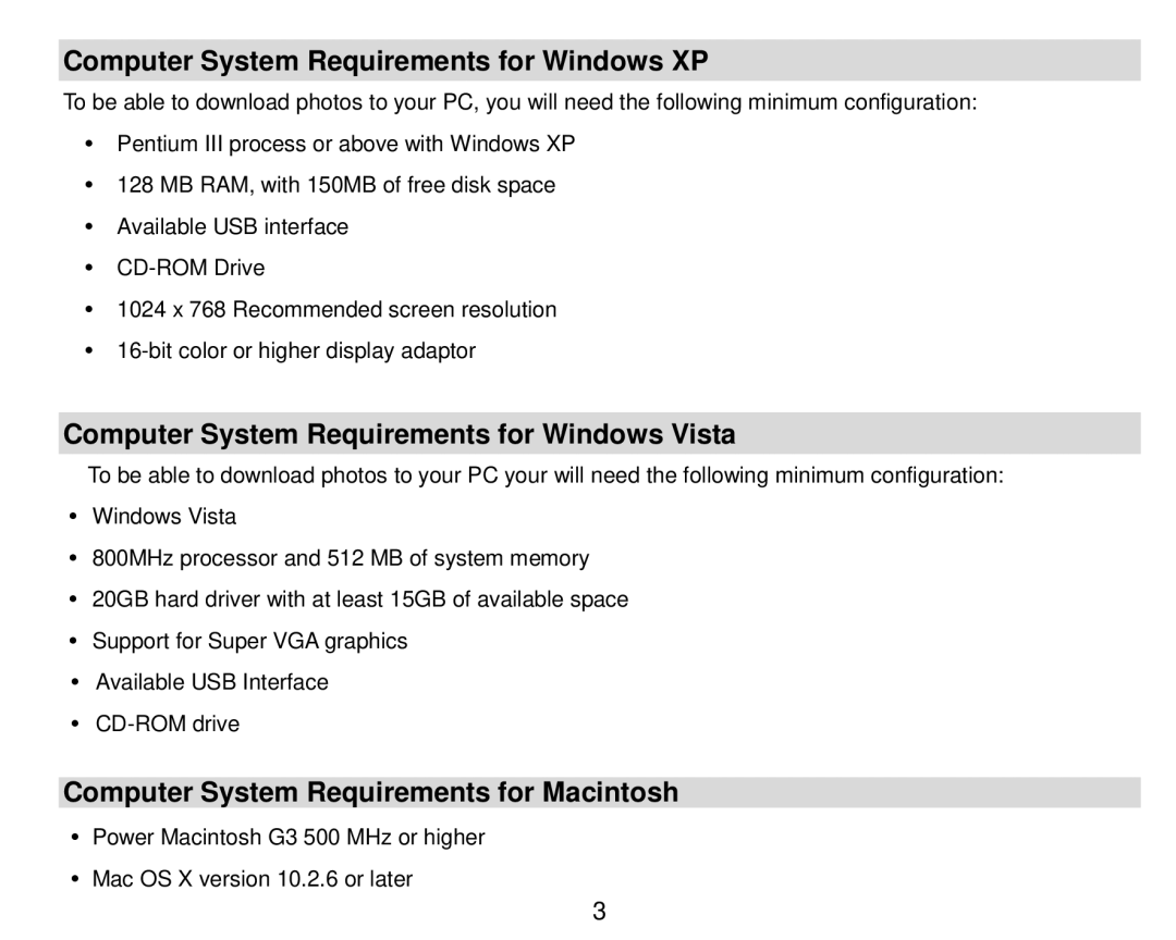 Vivitar 5018 owner manual Computer System Requirements for Windows XP, Computer System Requirements for Windows Vista 