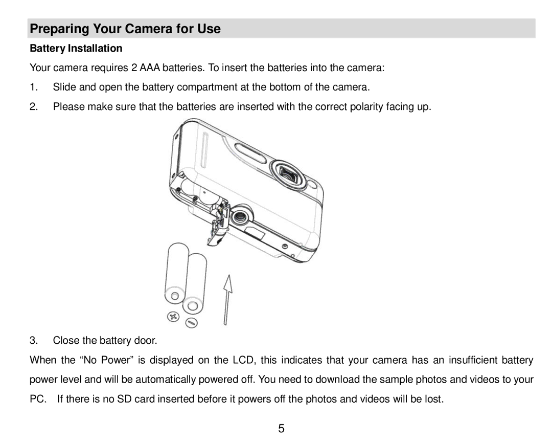 Vivitar 5018 owner manual Preparing Your Camera for Use, Battery Installation 