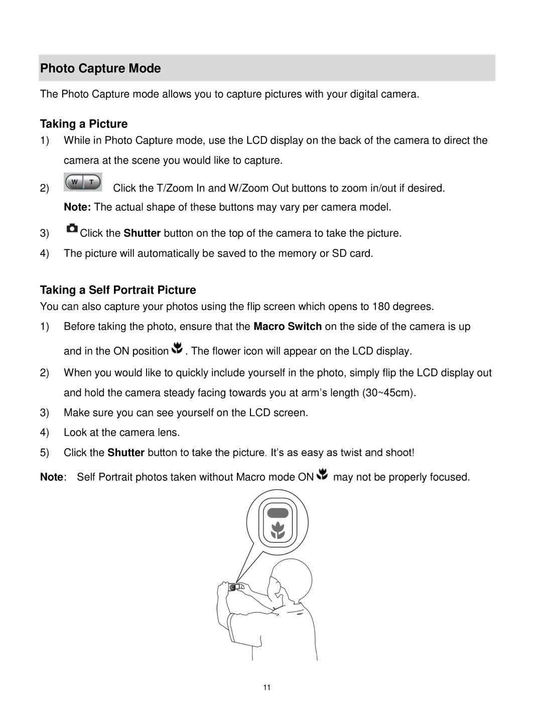 Vivitar 5028 user manual Photo Capture Mode, Taking a Picture, Taking a Self Portrait Picture 