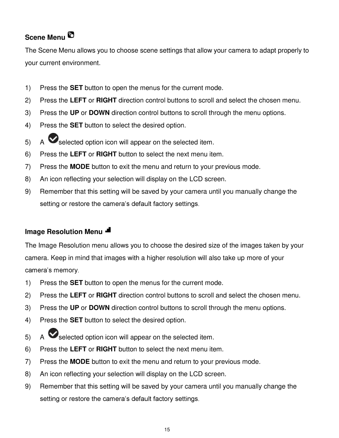 Vivitar 5028 user manual Scene Menu, Image Resolution Menu 