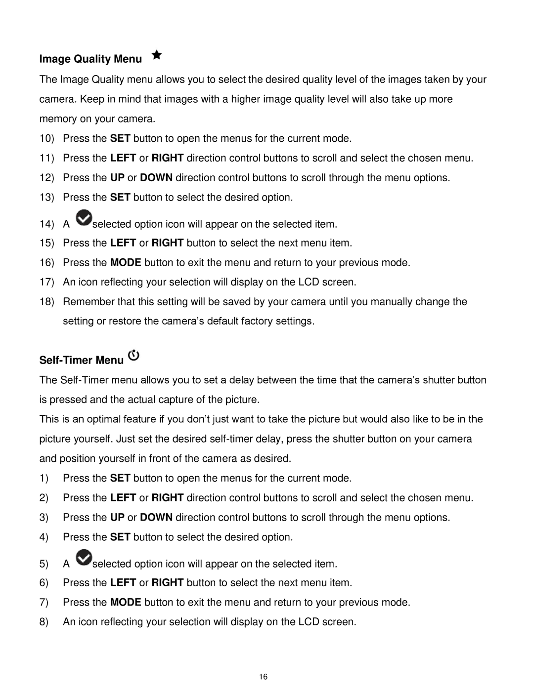 Vivitar 5028 user manual Image Quality Menu, Self-Timer Menu 