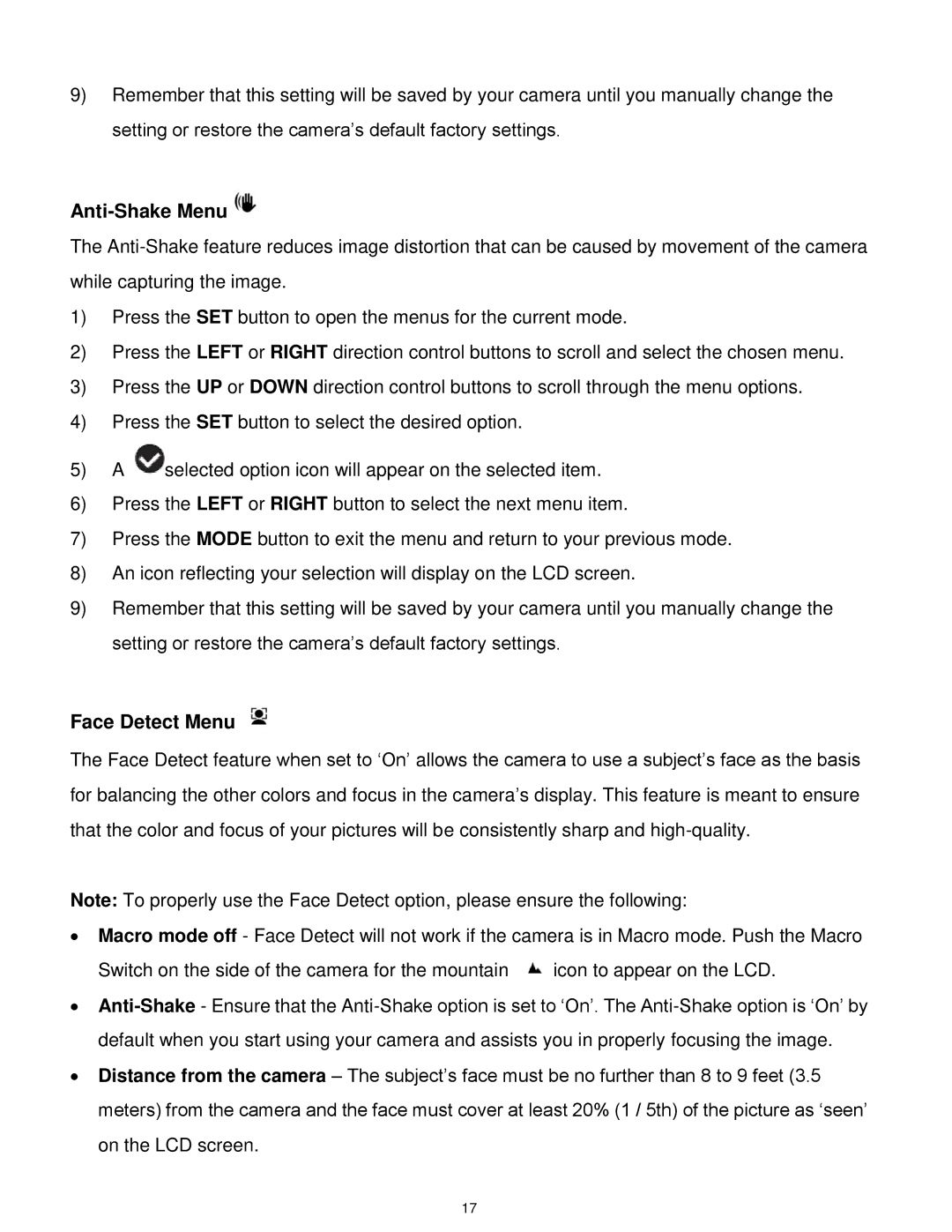 Vivitar 5028 user manual Anti-Shake Menu, Face Detect Menu 