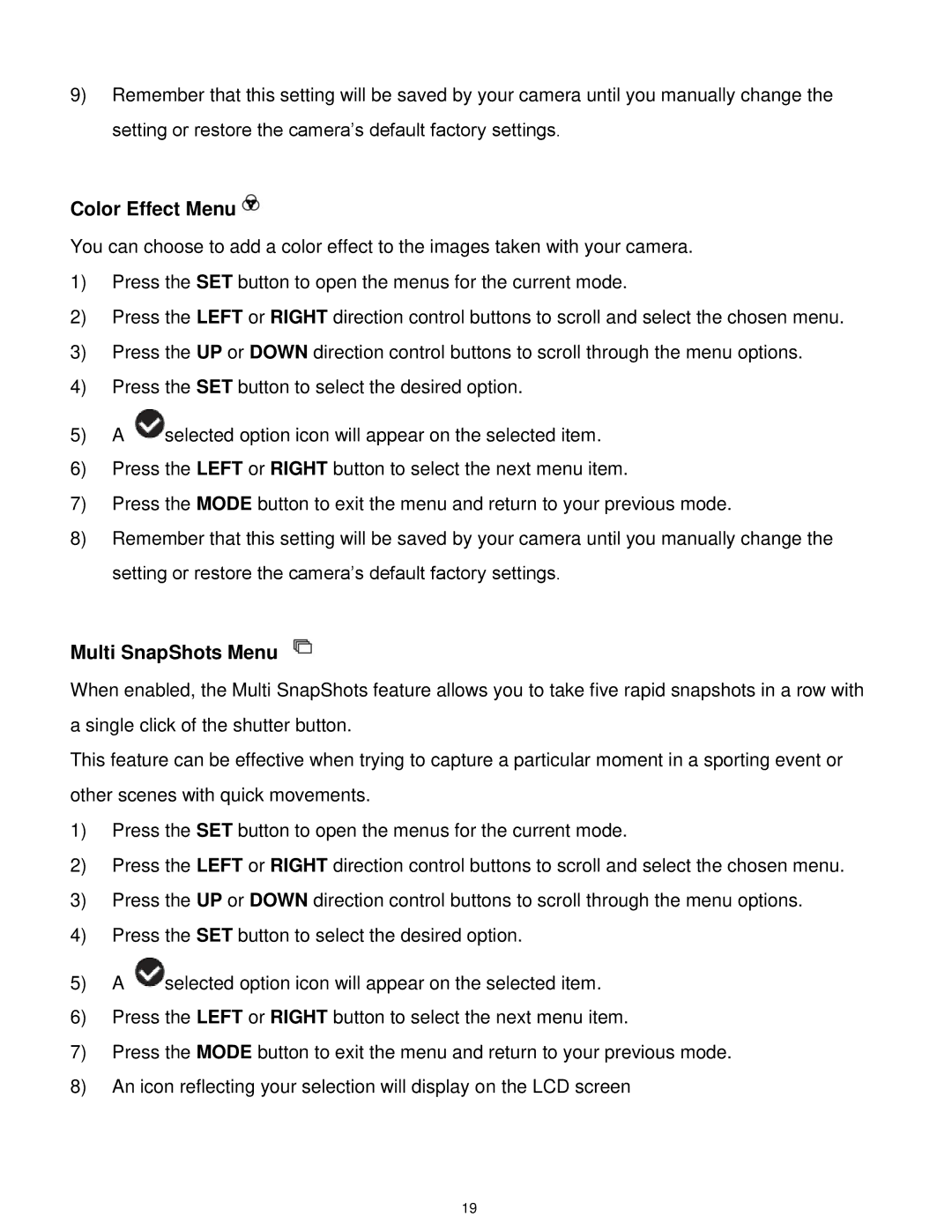 Vivitar 5028 user manual Color Effect Menu, Multi SnapShots Menu 