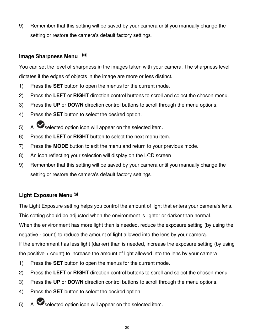 Vivitar 5028 user manual Image Sharpness Menu, Light Exposure Menu 