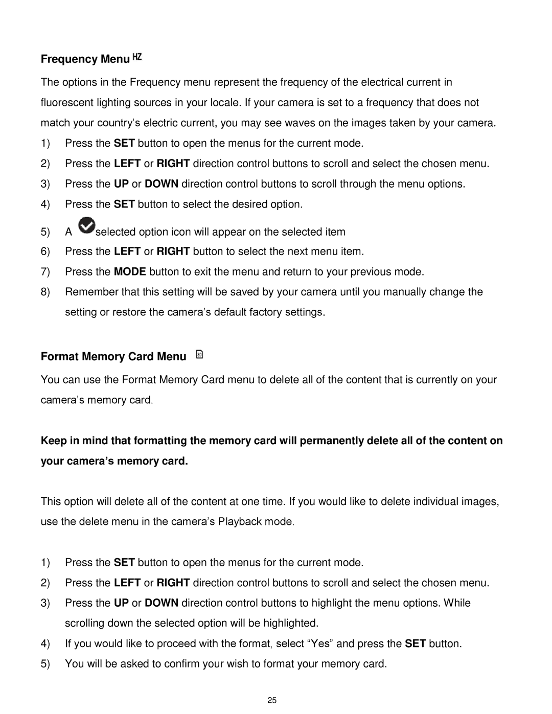 Vivitar 5028 user manual Frequency Menu, Format Memory Card Menu 