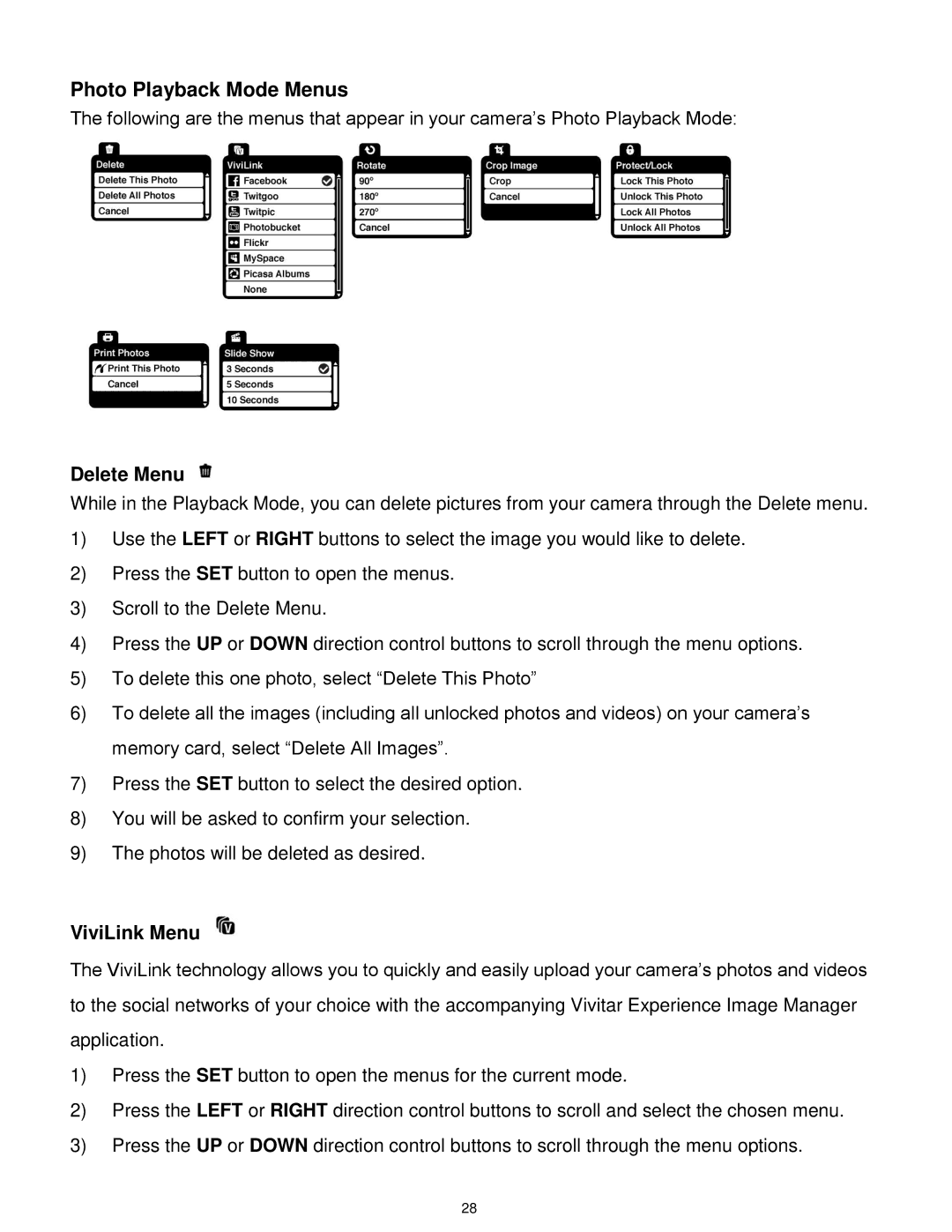 Vivitar 5028 user manual Photo Playback Mode Menus, Delete Menu, ViviLink Menu 