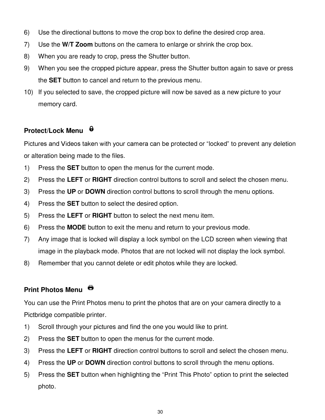 Vivitar 5028 user manual Protect/Lock Menu, Print Photos Menu 