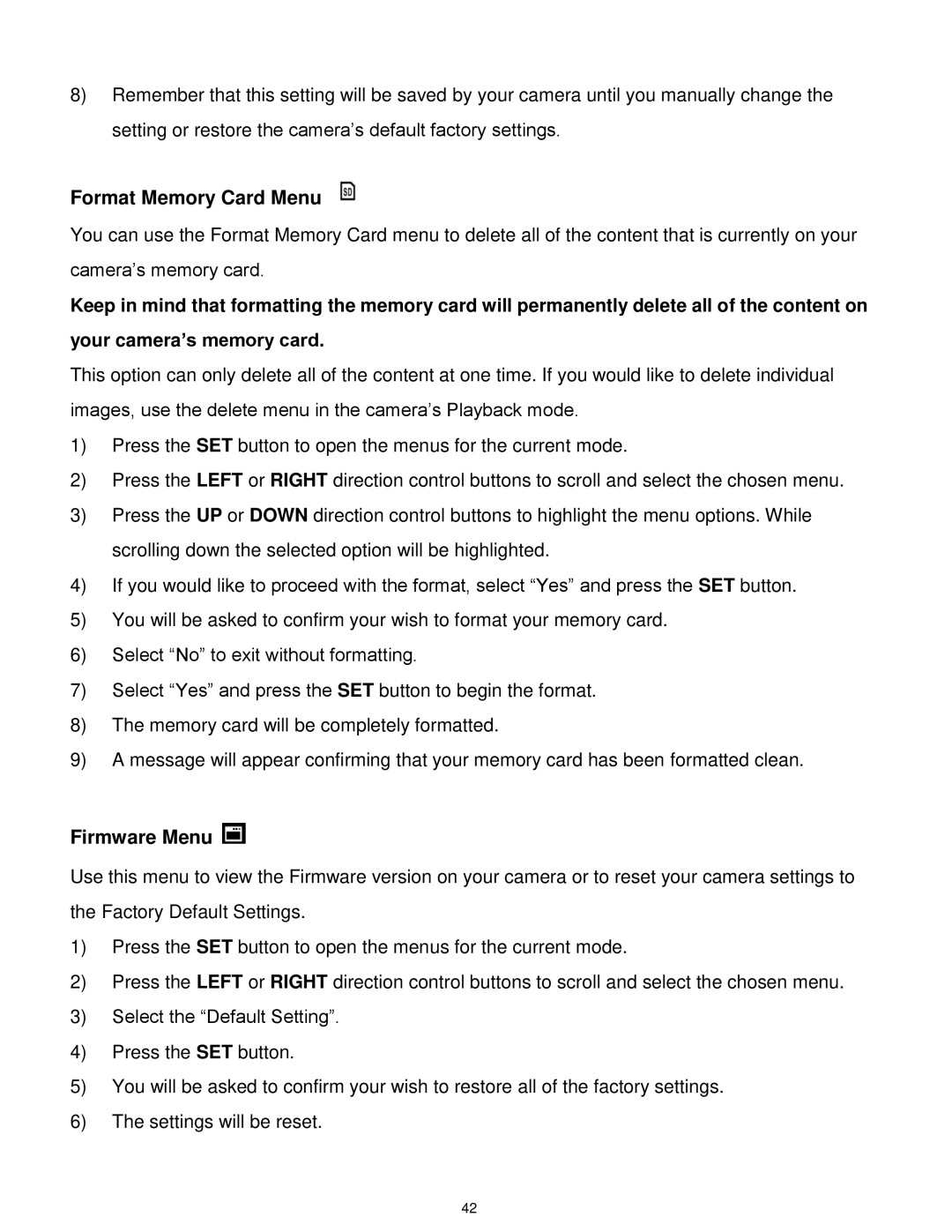 Vivitar 5028 user manual Format Memory Card Menu 