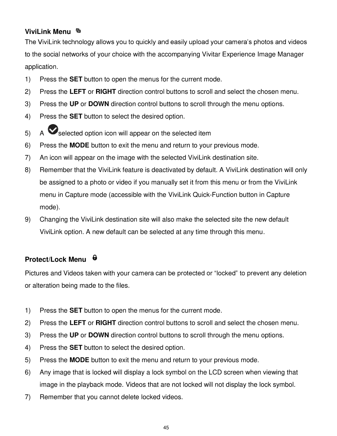 Vivitar 5028 user manual ViviLink Menu 