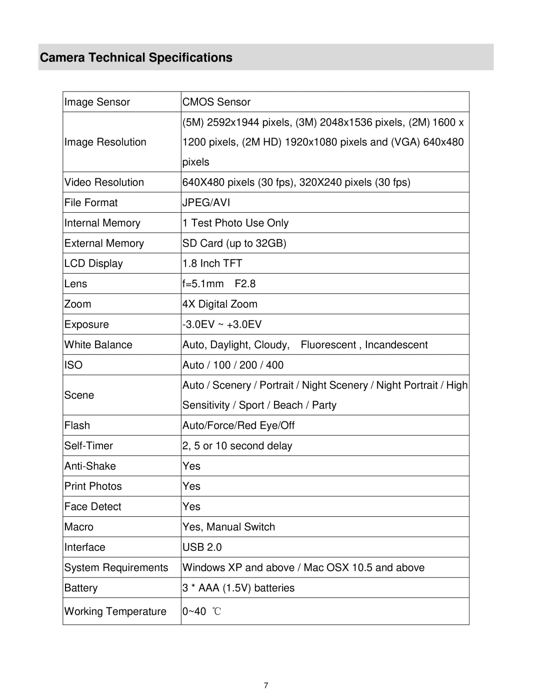 Vivitar 5028 user manual Camera Technical Specifications, Jpeg/Avi 