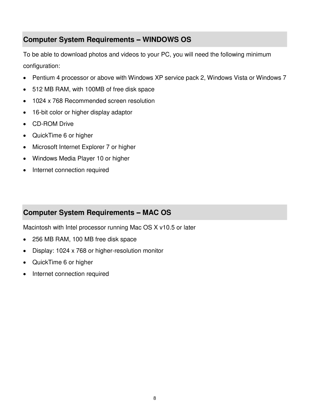 Vivitar 5028 user manual Computer System Requirements Windows OS, Computer System Requirements MAC OS 