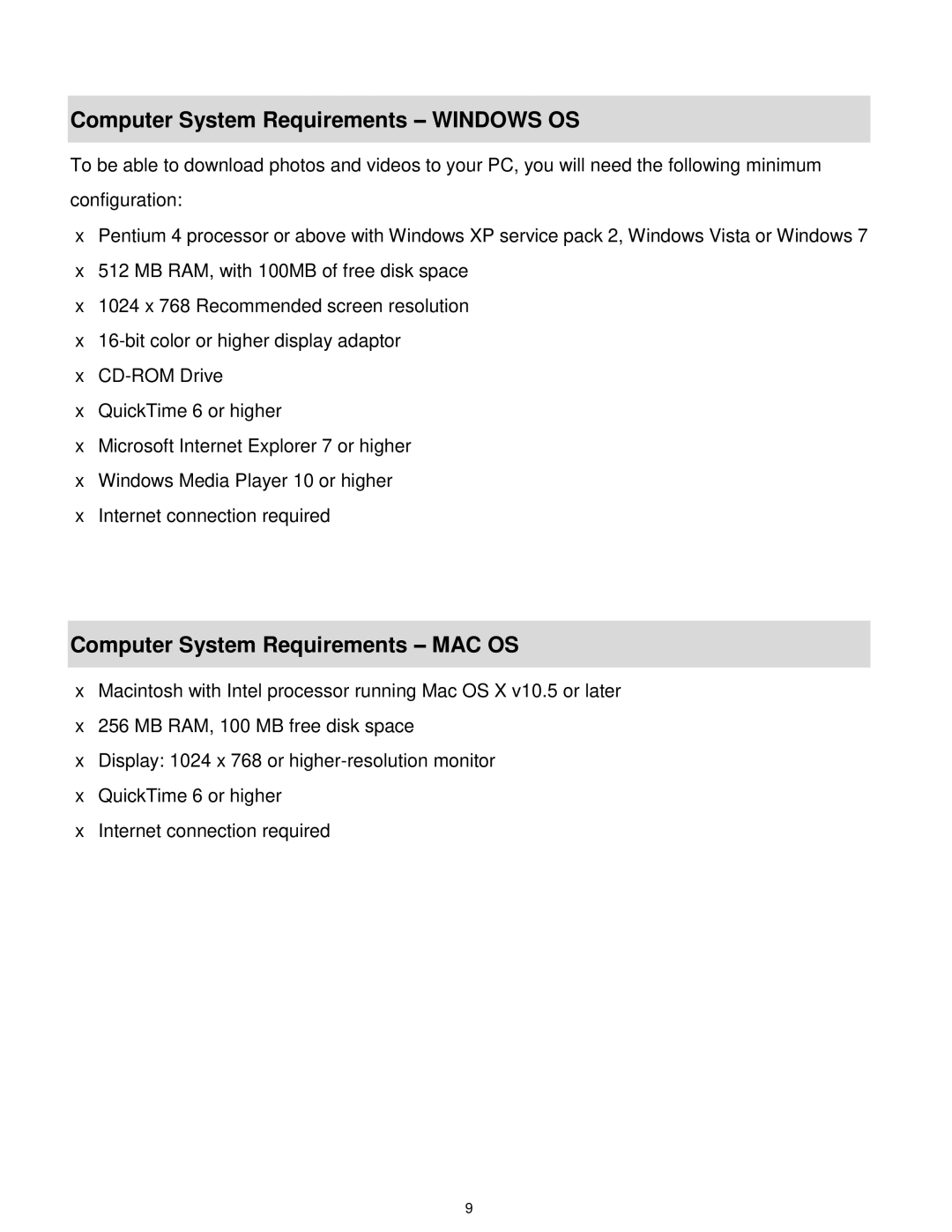 Vivitar 7022 user manual Computer System Requirements Windows OS, Computer System Requirements MAC OS 