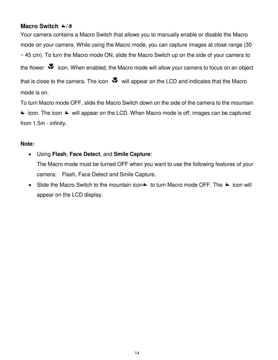 Vivitar 7022 user manual Macro Switch, ∙ Using Flash, Face Detect, and Smile Capture 