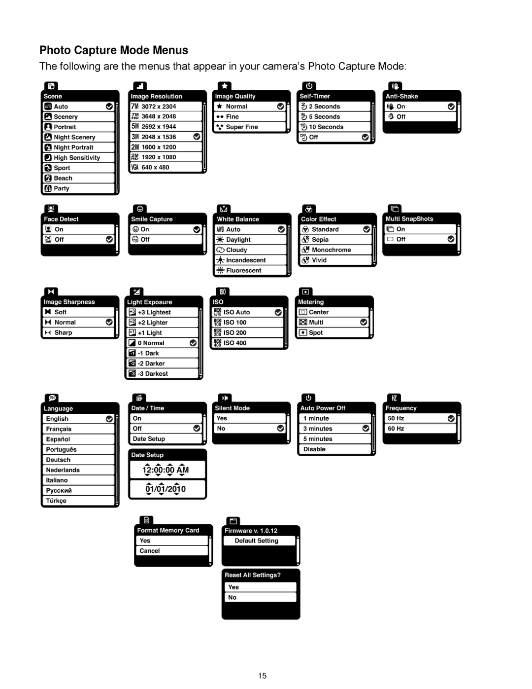 Vivitar 7022 user manual Photo Capture Mode Menus 