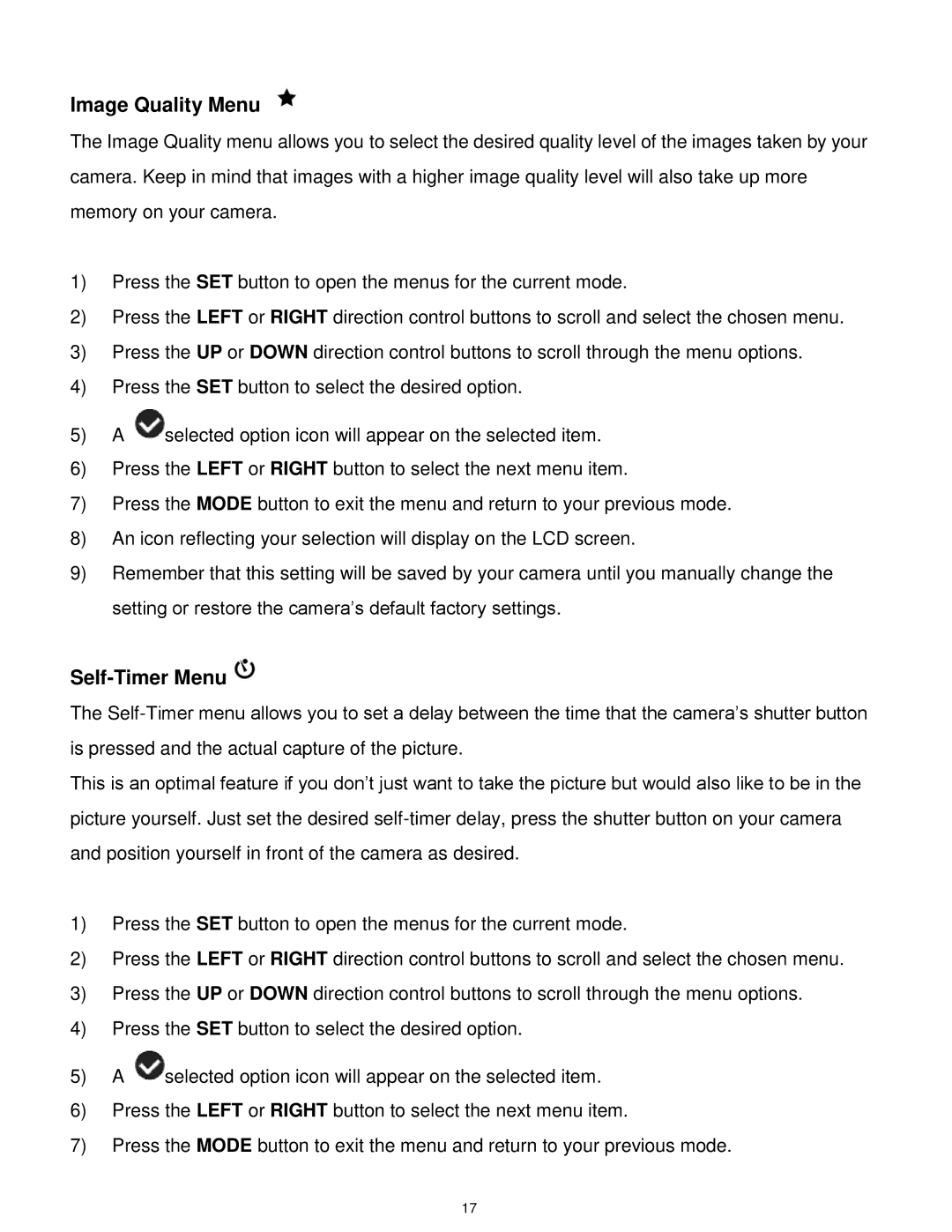 Vivitar 7022 user manual Image Quality Menu, Self-Timer Menu 