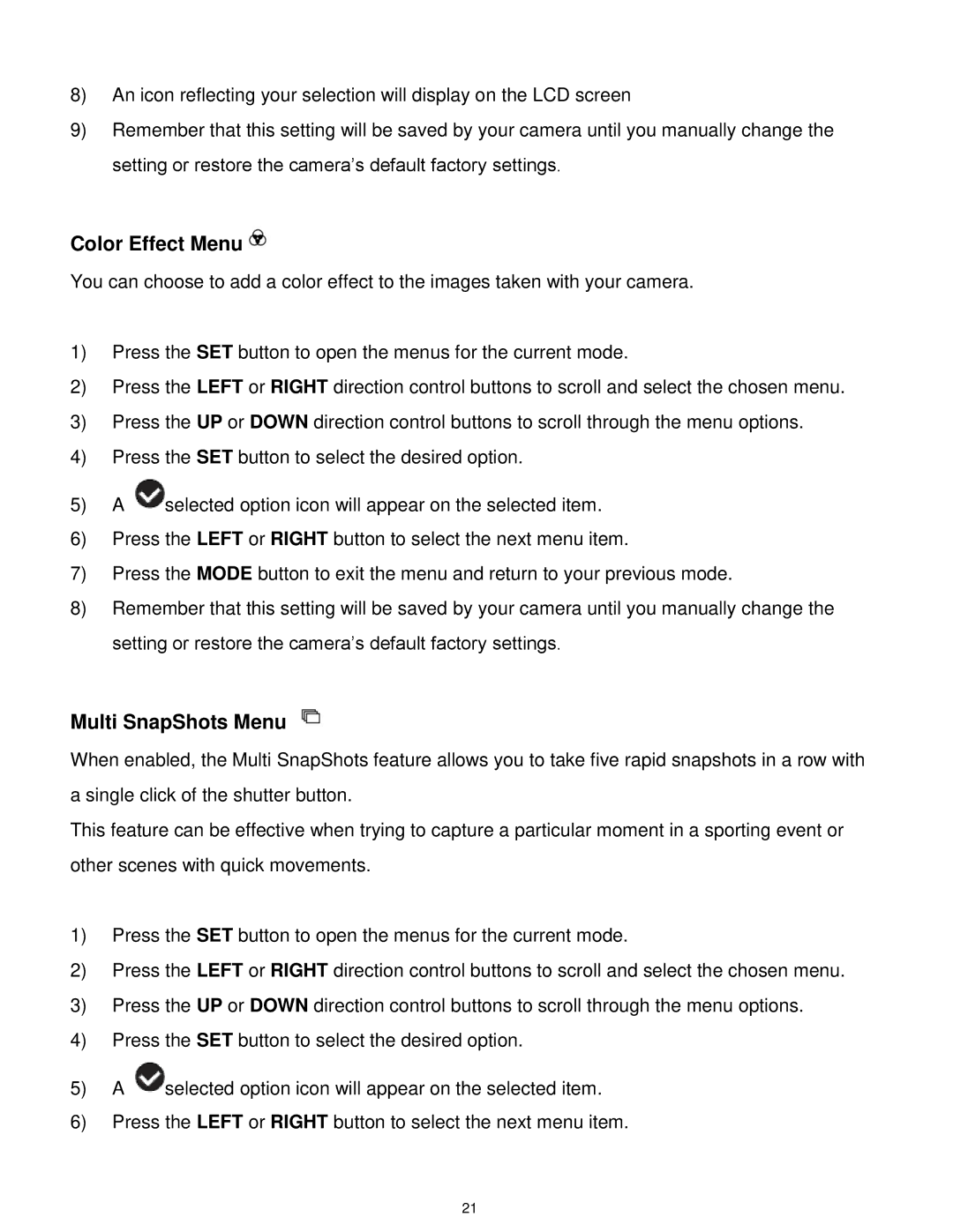 Vivitar 7022 user manual Color Effect Menu, Multi SnapShots Menu 