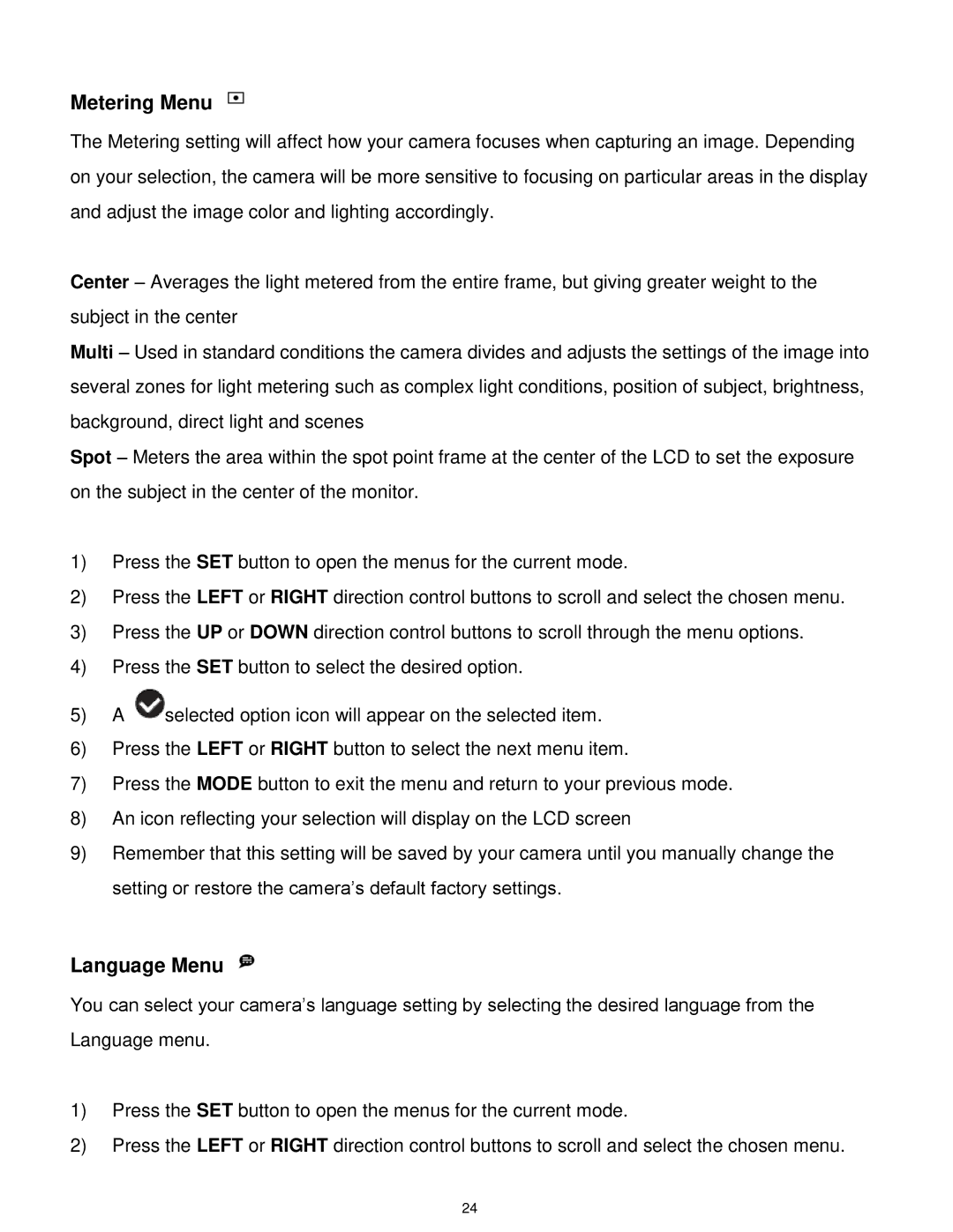 Vivitar 7022 user manual Metering Menu, Language Menu 