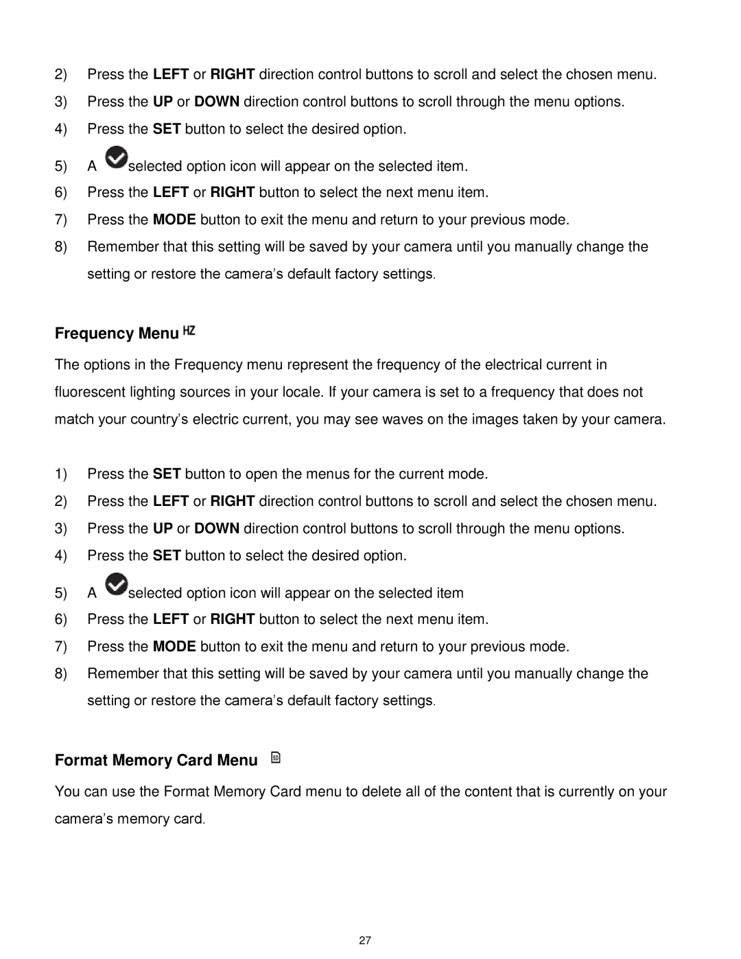 Vivitar 7022 user manual Frequency Menu, Format Memory Card Menu 