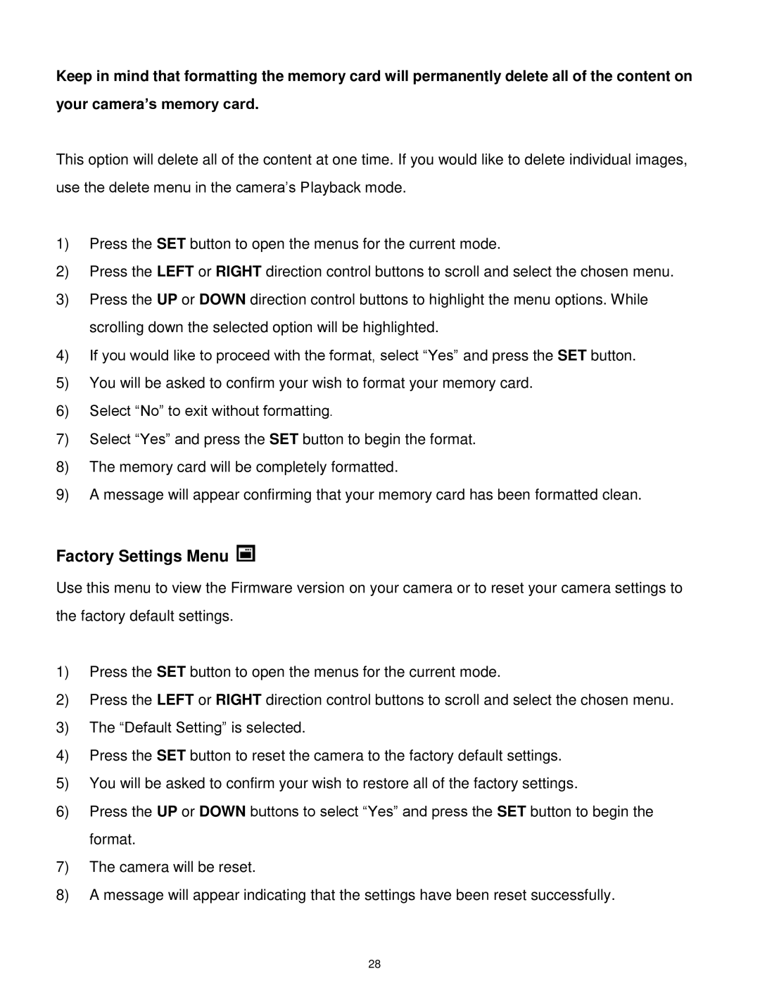 Vivitar 7022 user manual Factory Settings Menu 