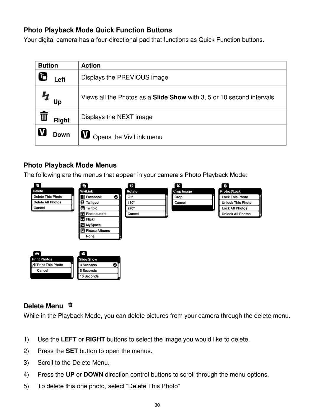 Vivitar 7022 user manual Photo Playback Mode Quick Function Buttons, Photo Playback Mode Menus, Delete Menu 