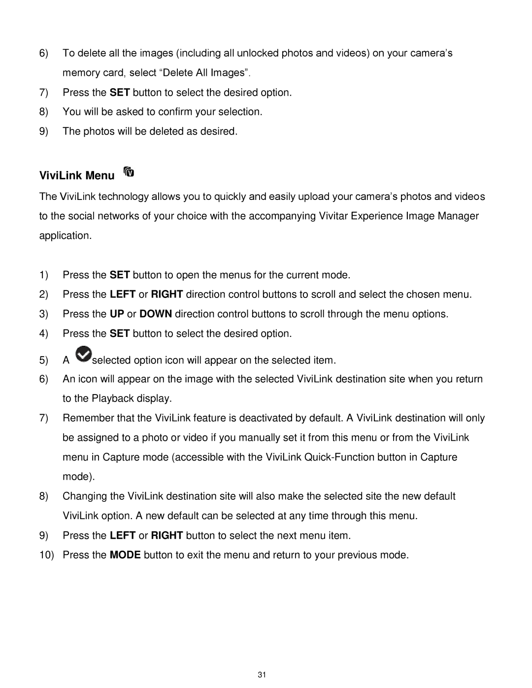 Vivitar 7022 user manual ViviLink Menu 