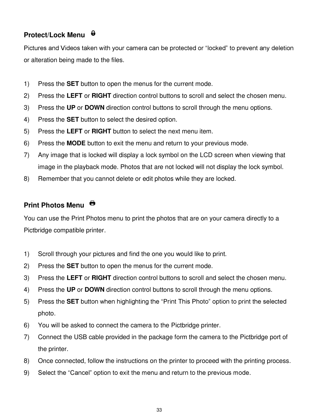 Vivitar 7022 user manual Protect/Lock Menu, Print Photos Menu 